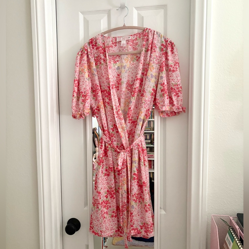 OSCAR DE LA RENTA Pink Label Pink Multicolor Floral Wrap Short Sleeve Robe